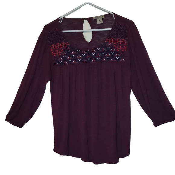 Lucky Brand Peasant Top Shirt BOHO Embroidery SIZE M Medium BURGUNDY Bohemian - Picture 12 of 12